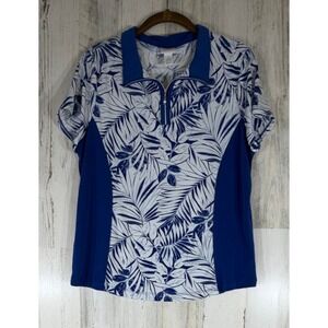 Chicos Weekends 1/4 Zip Polo Shirt 1 or Medium Blue White Tropical Leaf Golf